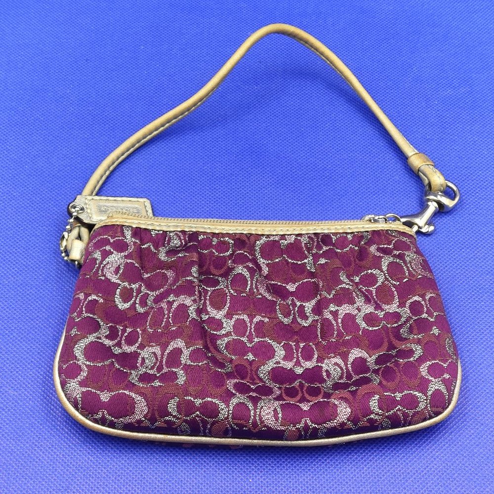Purple/Pink/Silver Metallic Coach small signture canvas wristlet